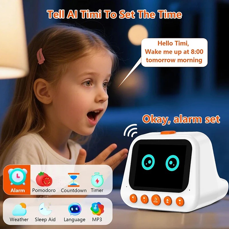 Kids Education Story - AI搭載のスマート目覚まし時計、音声操作可能な知育ロボット、子供向けの音声学習玩具、音楽プレーヤー、就寝前の読み聞かせ機能、ポモドーロタイマー、ギフトに最適。