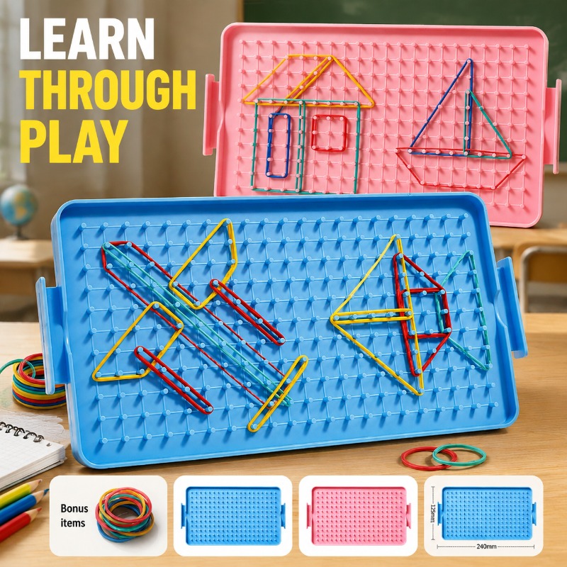 Math Manipulative Set - 小学校の生徒向けのジオボード数学教材セット。両面に図形が描かれた学習ボードで、ゴムバンドが付属。教育用具。