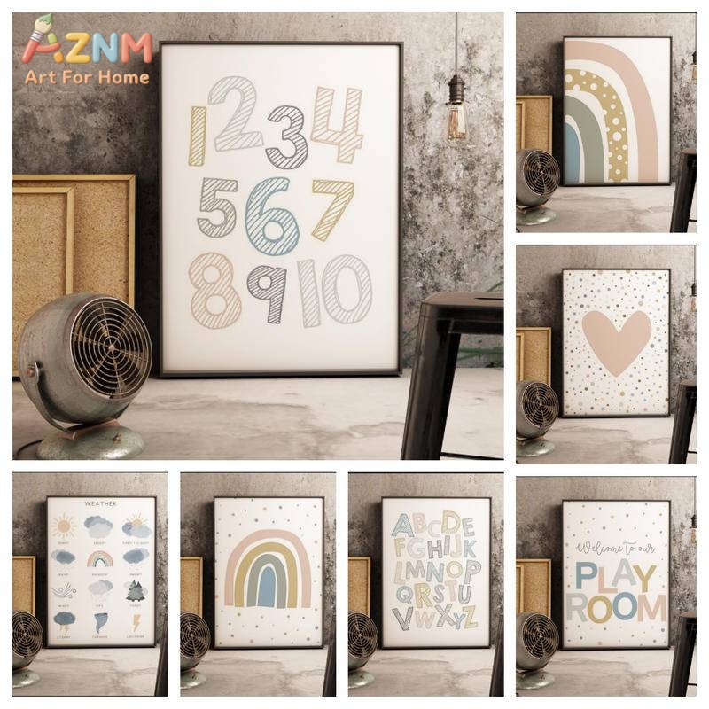 Kids Educational - Alphabet Numbers & More - AZNM ボヘミアンキッズ教育用キャンバスウォールアート レインボーアルファベット 数字 天気プリント フレームレスキャンバス絵画