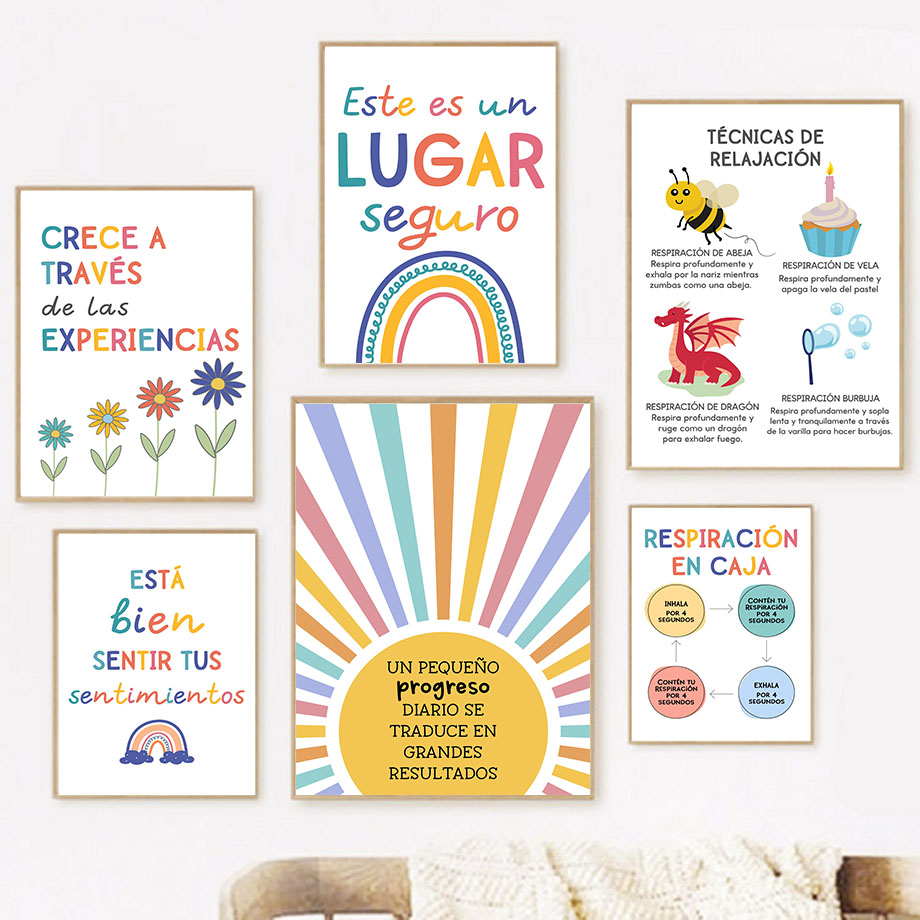 Kids Education Picture - スペイン教育モットーレインボーサンシャイン壁アートキャンバス絵画北欧ポスターやプリント漫画の絵ベビーキッズルームの装飾