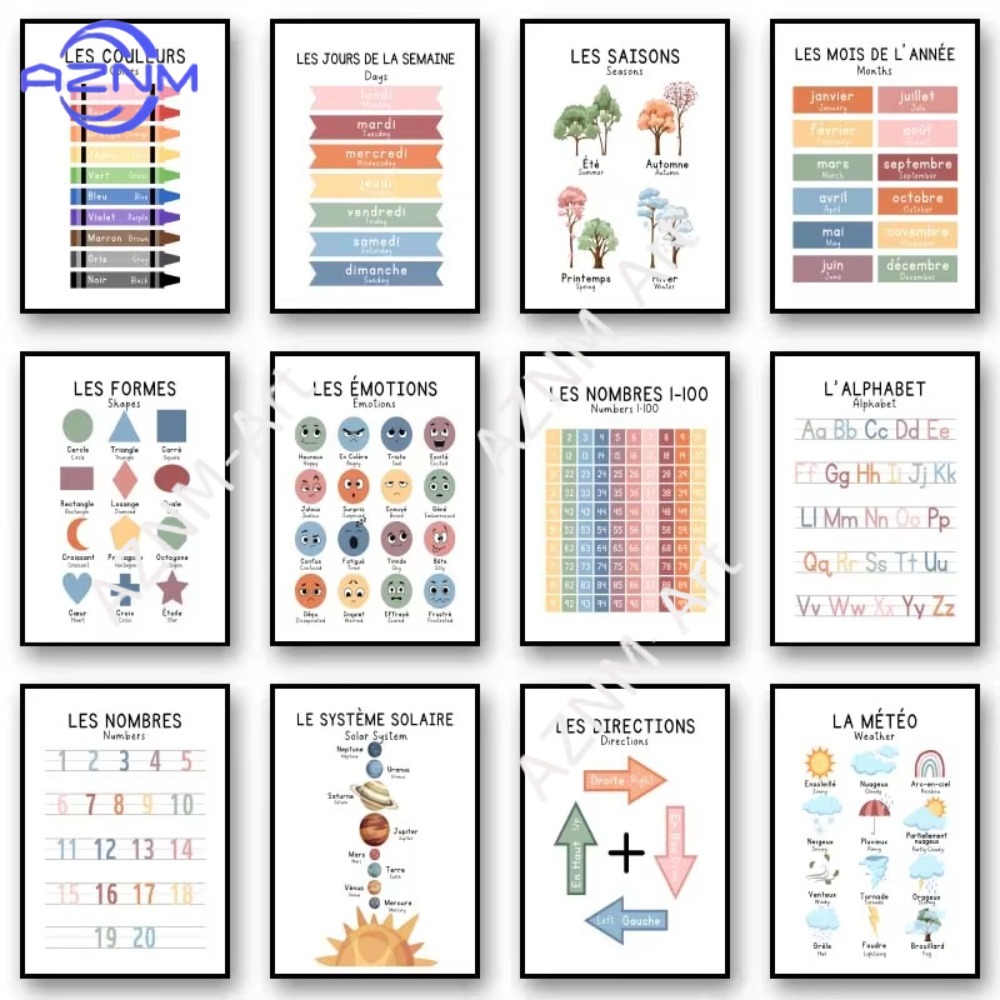 Kids Educational - Alphabet Numbers & More - 1Pc バイリンガルフランス語教育学習数字アルファベット太陽系ポスタープリント壁アートキャンバス絵画子供の学校の部屋の装飾