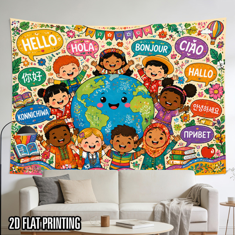 Kids Educational Posters - 国際的な言語による挨拶、世界地図、グローバル文化をテーマにした装飾壁掛け、保育園や子供部屋向けの教育ポスター。