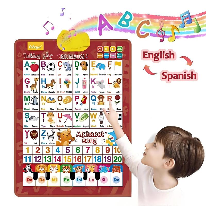 Kids Educational Posters - 子供向けバイリンガル英語-スペイン語インタラクティブトーキングABC＆数字チャートポスター - 就学前のアルファベットツール、幼児向け早期教育玩具（アルファベット歌と音声学習アクティビティ付き）
