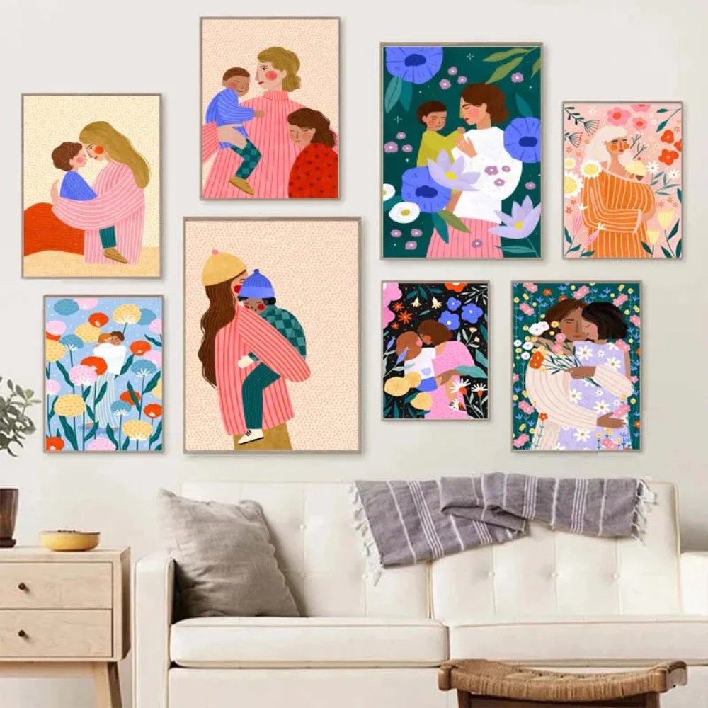 Kids Educational Posters - 母性アートプリントキャンバス絵画若い母親と子供ポスター母性愛花柄保育園子供部屋家の壁アート装飾