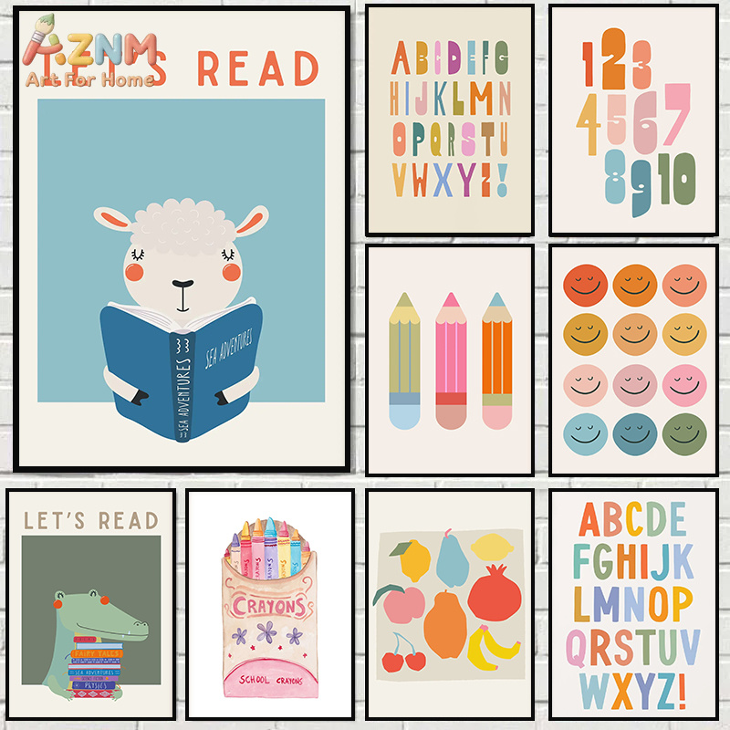 Kids Educational - Alphabet Numbers & More - AZNM アルファベット数字学習キャンバスウォールアート漫画動物読書プリント教育子供プレイルーム保育園装飾非フレーム化