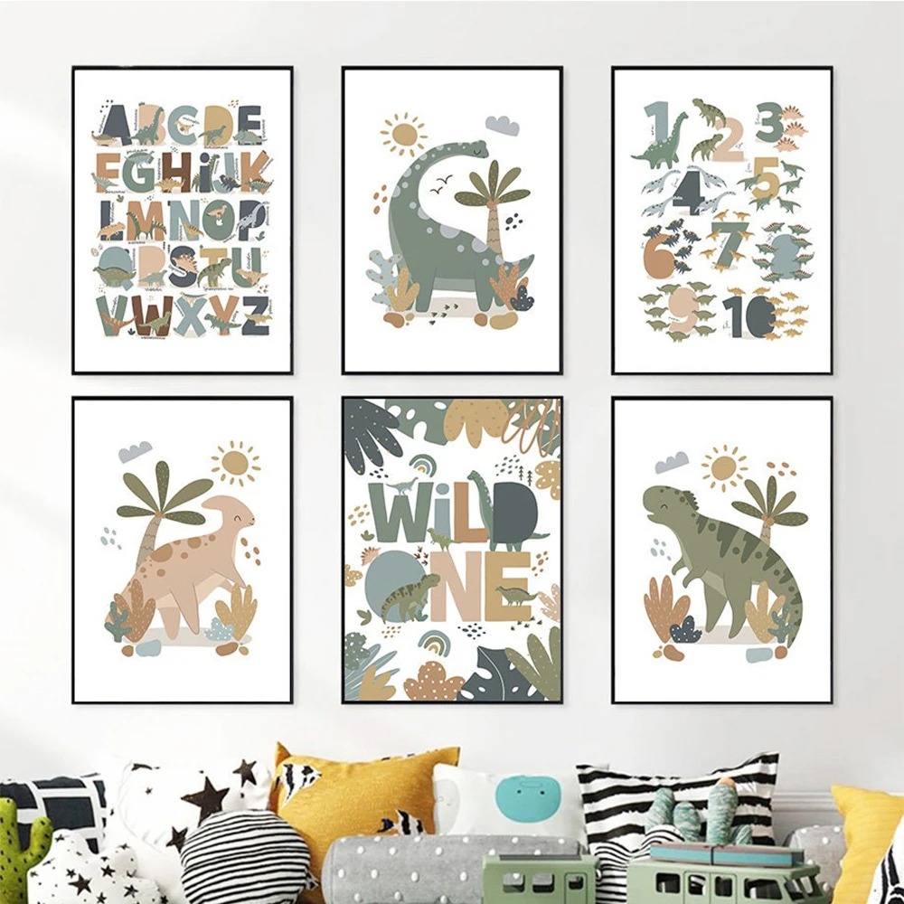 北欧風のかわいい赤ちゃん恐竜のウォールアートキャンバス絵画、 - Kids Educational - Alphabet Numbers & More のレビューと価格