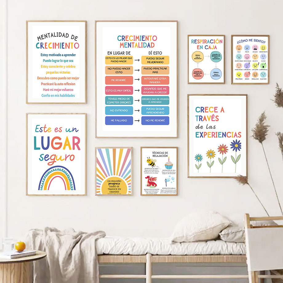 スペイン教育モットーレインボーサンシャイン壁アートキャンバス - Kids Education Picture のレビューと価格